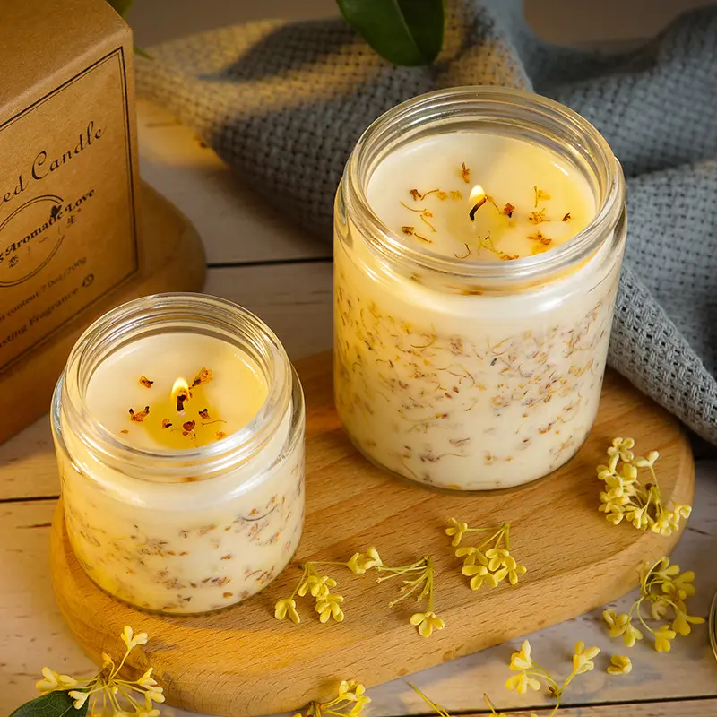 Luxury osmanthus fragrance soy wax candle with real flower inside strong scented bottle candles India